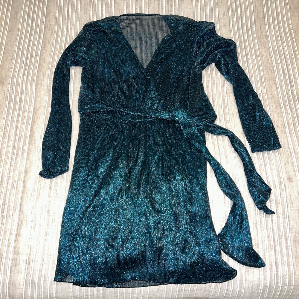 Venus Teal & Black Metallic Shimmer Faux Wrap Dress with Long Sleeves